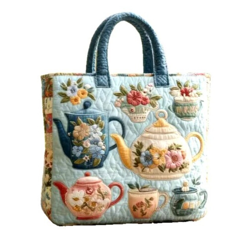 Teapots and Flowers Quilted Tote Bag Blue Handles 16 x 17-inch Tea Gift NEW